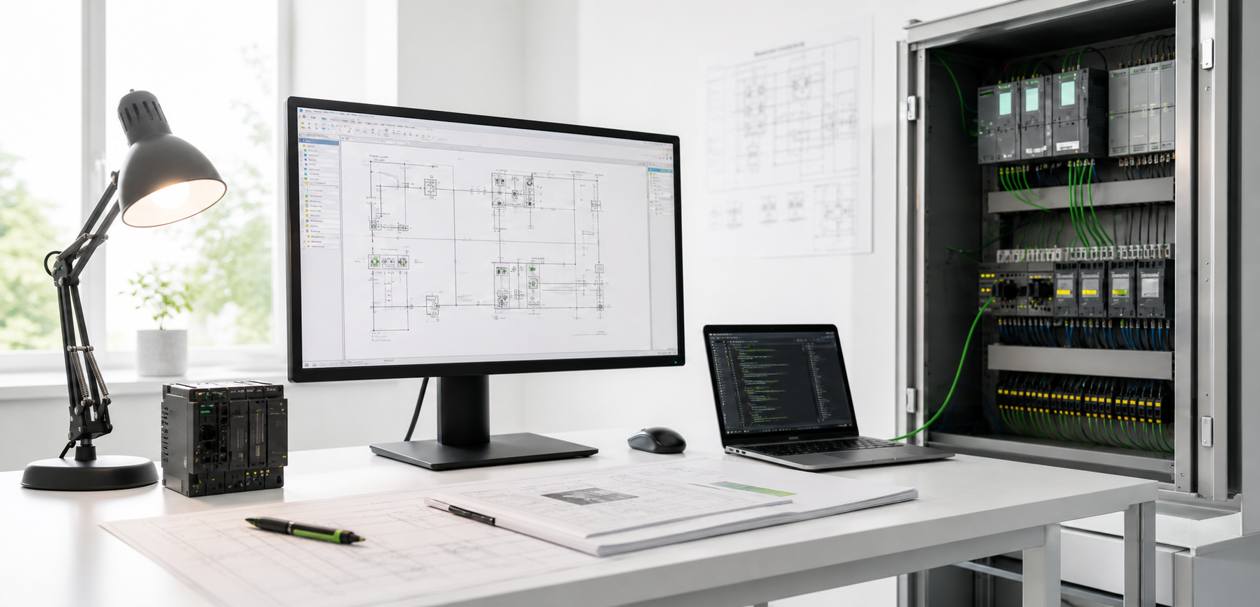Heller Automatisierungs-Arbeitsplatz mit Monitor, SPS-Komponenten und Schaltschrank